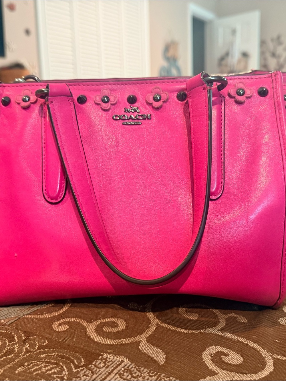 Coach Hot Pink Leather Tote with Floral Studs